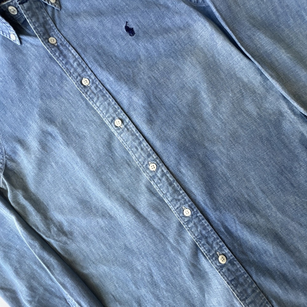 Polo Ralph Lauren Shirt Mens S Slim Fit Chambray Blue Long Sleeve Distressed - Picture 10 of 12